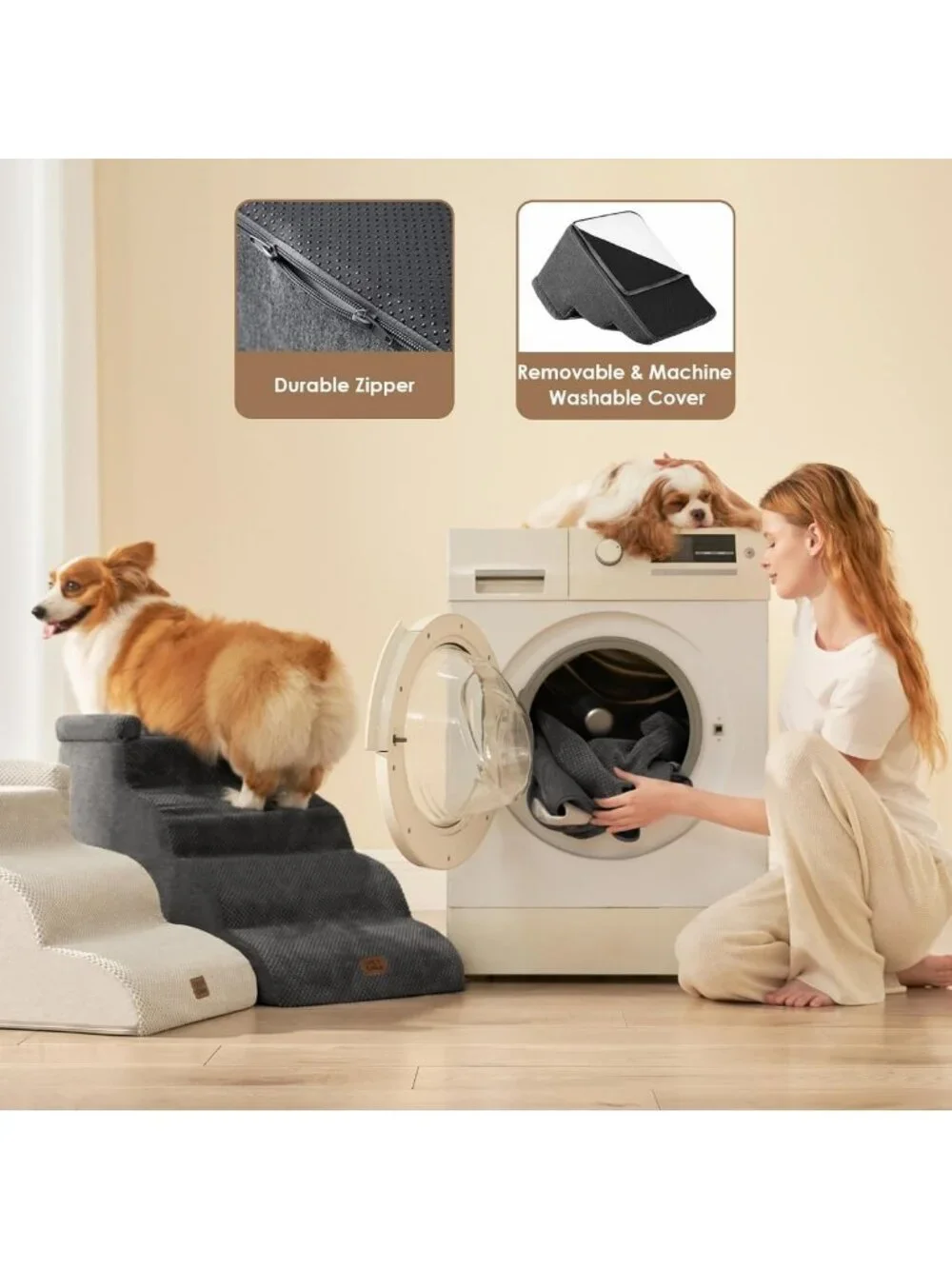 Curved 3-Step Dog Stairs for Couch, Pet Ramp for Small Dogs, Grey 14